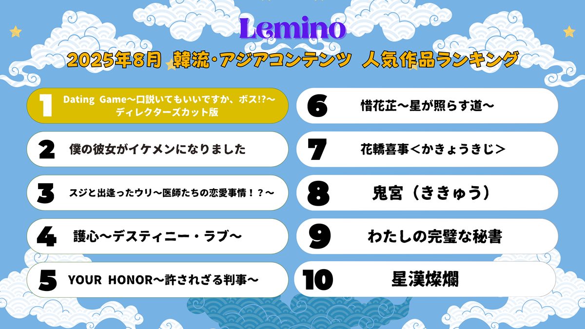 Leminoで2025年8月に視聴されている人気の韓流・アジアコンテンツTOP10