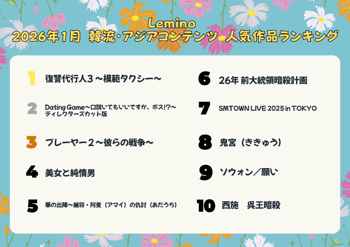 Leminoで2026年1月に視聴されている人気の韓流・アジアコンテンツTOP10