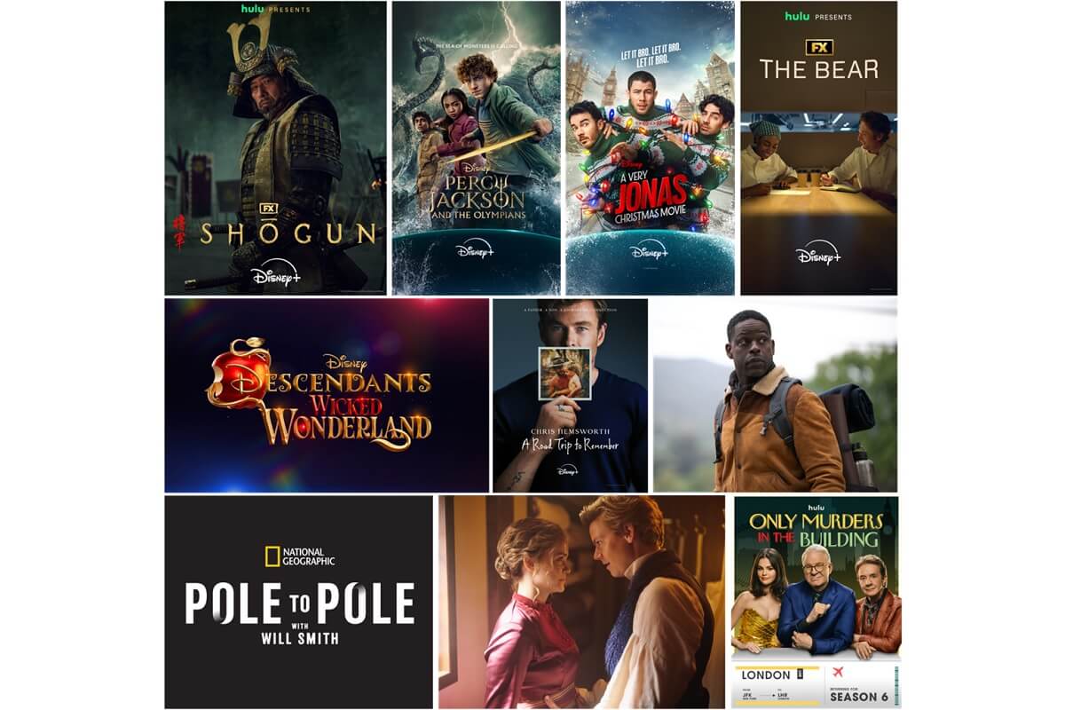 SHOGUN 将軍、パーシー・ジャクソンとオリンポスの神々、ベリー・ジョナス・クリスマス・ムービー、一流シェフのファミリーレストラン、ディセンダント:ウィキッド・ワンダーランド、クリス・ヘムズワース:父と絆のこころ旅、パラダイス、ポウル・トゥ・ポウル・ウィズ・ウィル・スミス、アートフル・ドジャー、マーダーズ・イン・ビルディング』