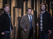 Supernatural -- "Our Father, Who Aren't in Heaven" -- Image Number: SN1508B_0019b.jpg -- Pictured (L-R): Jensen Ackles as Dean, Misha Collins as Castiel and Jared Padalecki as Sam -- Photo: Colin Bentley/The CW -- © 2019 The CW Network, LLC. All Rights Reserved.